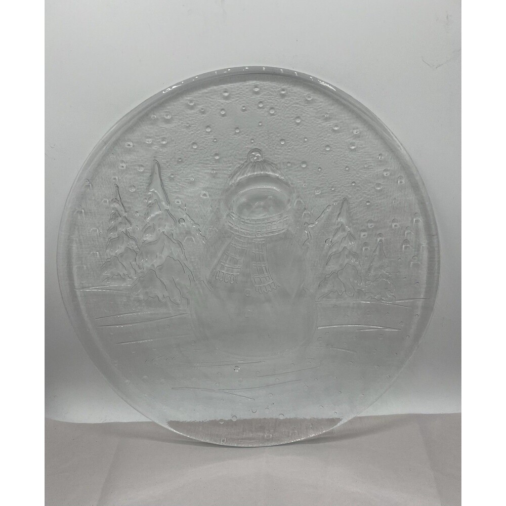 VTG  Libbey Clear Glass Christmas Snowman 12 3/4”Round Serving Platter Dish